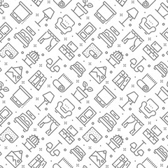 Home interior and decor related seamless pattern with outline icons