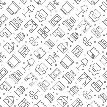 Home interior and decor related seamless pattern with outline icons