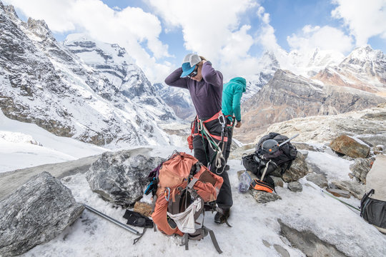 Woman climbers geared up for glacier travel in Nepal