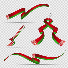 Flag of Belarus. 3rd of July. Set of realistic wavy ribbons in colors of belarussian flag on transparent background. Byelorussian ornament. Independence day. National symbol. Vector illustration.