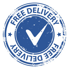 Free Delivery blue rubber stamp icon with tick symbol isolated on white background.