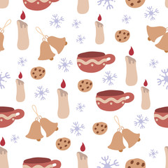 Festive seamless pattern. Decor for Christmas and New Year. Candles, cup of tea, snowflakes and bells.