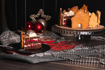 Homemade New Year's cherry cake in New Year's entourage