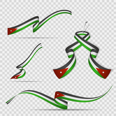 Flag of Jordan. 25th of May. Set of realistic wavy ribbons in colors of jordanian flag on transparent background. Independence day. National symbol. Seven-pointed star. Vector illustration.