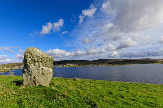 Busta Brae, Standing Stone, cloudscape and coastal views, beautiful day, Busta Voe, Brae, Delting, Shetland Isles, Scotland