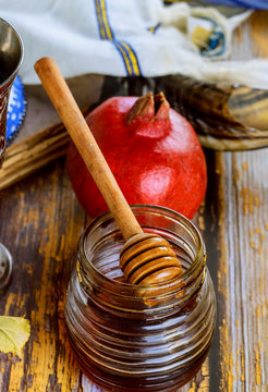 Honey jar and fresh ripe apples. Jewesh new year symbols. Rosh hashanah