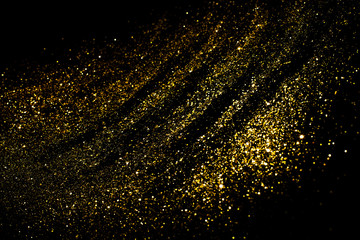 Golden bokeh background. Festive New Year and Christmas shiny glitter layout.