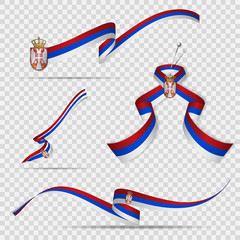 Flag of Serbia. 15th of February. Set of realistic wavy ribbons in colors of serbian flag on transparent background. Coat of arms. Independence day. Double eagle. National symbol. Vector illustration. - obrazy, fototapety, plakaty