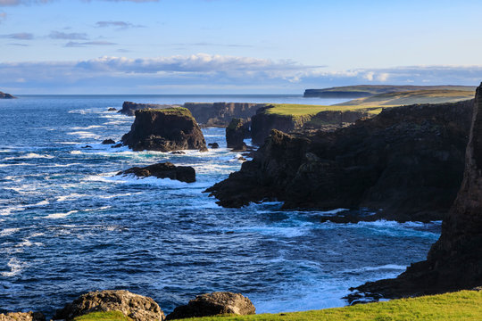 Eshaness, jagged cliffs, stacks, geos and blow holes, Northmavine, Mainland, Shetland Isles, Scotland
