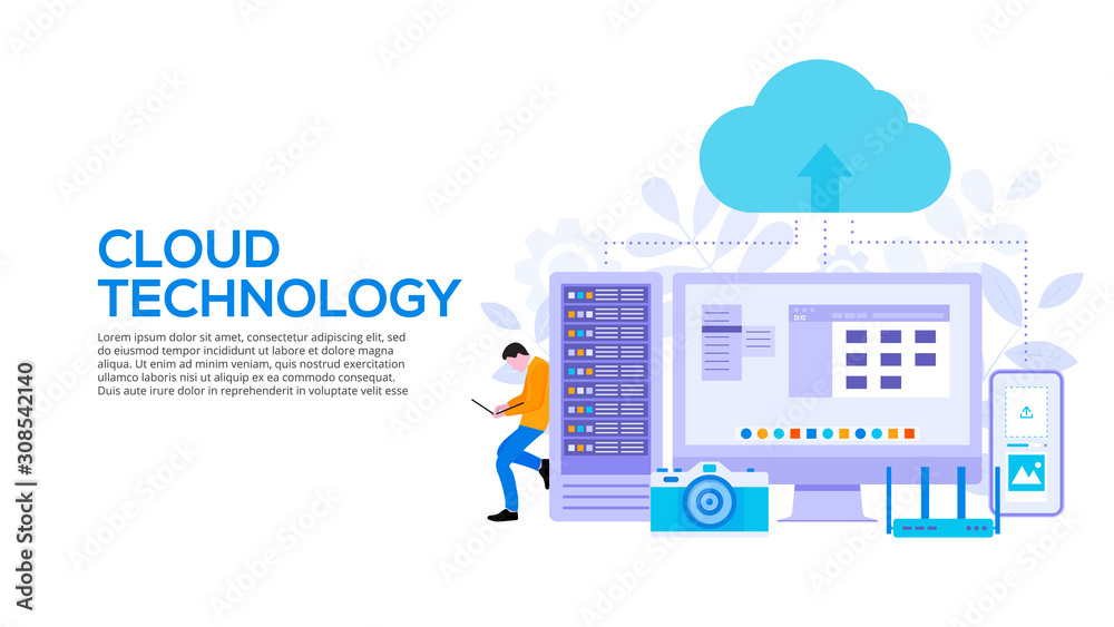 Poster cloud technologies design concept with server, smartphone and man. flat vector illustration. landing