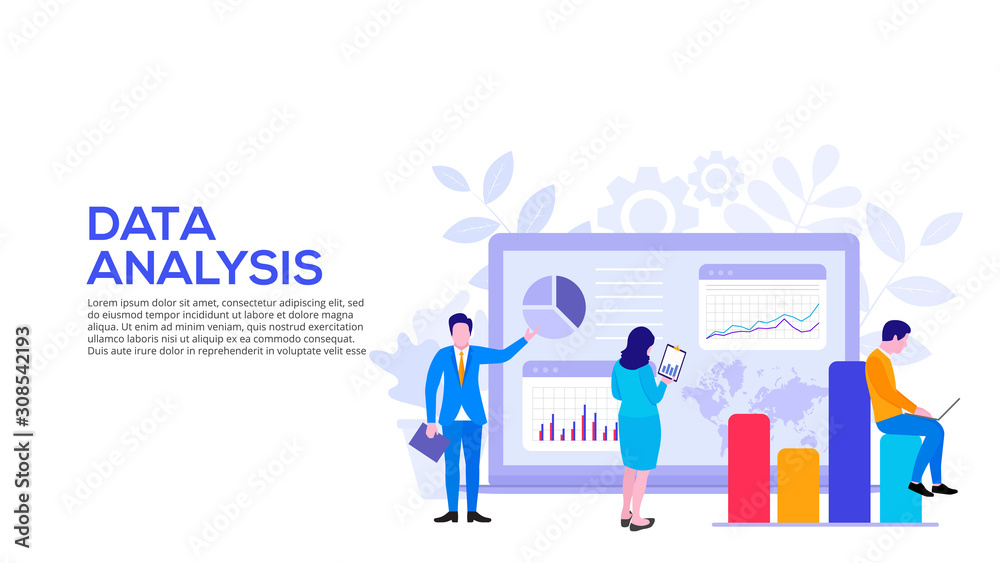 Poster data analysis design concept with people, chart and laptop. flat vector illustration. landing page t