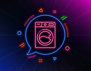 Washing machine line icon. Neon laser lights. Laundry service sign. Clothing cleaner symbol. Glow laser speech bubble. Neon lights chat bubble. Banner badge with washing machine icon. Vector