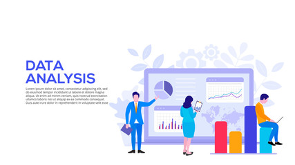Data analysis design concept with people, chart and laptop. Flat vector illustration. Landing page template for web.