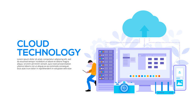 Cloud technologies design concept with server, smartphone and man. Flat vector illustration. Landing page template for web.