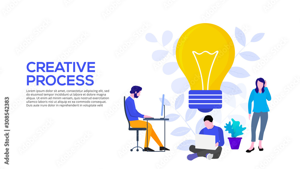 Poster Creative idea vector illustration concept with lightbulb and working people. Flat vector illustration. Landing page template for web.