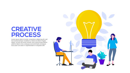 Creative idea vector illustration concept with lightbulb and working people. Flat vector illustration. Landing page template for web.