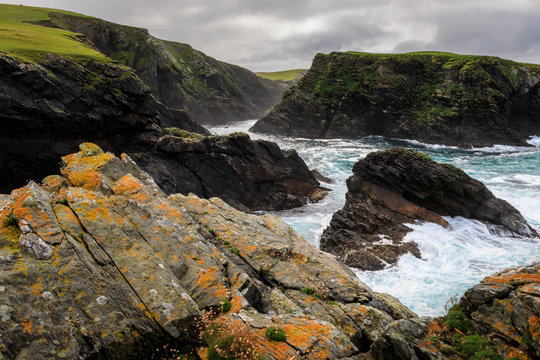 Ketla Ness peninsula, Fugla Stack, dramatic coast, cliffs, clouds, Banna Minn, West Burra Island, Shetland Isles, Scotland