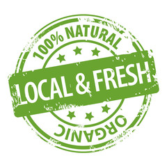 Local and Fresh 100 percent Natural organic green rubber stamp icon isolated on white background. Bio Eco food product.