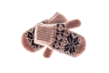 Winter wool mitts on a white background.