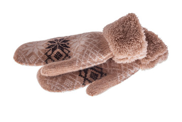 Winter wool mitts on a white background.