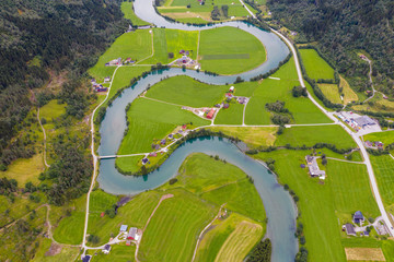 Aerial view of the winding course of Stryneelva river, Stryn, Nordfjorden, Sogn og Fjordane county