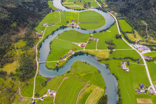 Aerial view of the winding course of Stryneelva river, Stryn, Nordfjorden, Sogn og Fjordane county