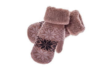 Winter wool mitts on a white background.