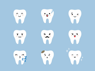 Teeth emoji icon set. Cracked, broken, healthy white cute cartoon tooth characters with different facial expressions. Oral dental hygiene emoticons.