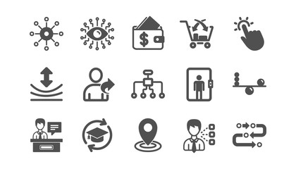 Artificial intelligence, Balance and Refer friend icons. Timeline, Multichannel. Classic icon set. Quality set. Vector