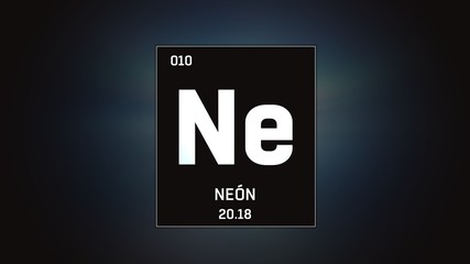 3D illustration of Neon as Element 10 of the Periodic Table. Grey illuminated atom design background with orbiting electrons. Name, atomic weight, element number in Spanish language