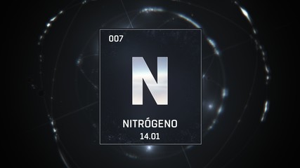 3D illustration of Nitrogen as Element 7 of the Periodic Table. Silver illuminated atom design background with orbiting electrons. Name, atomic weight, element number in Spanish language