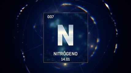3D illustration of Nitrogen as Element 7 of the Periodic Table. Blue illuminated atom design...