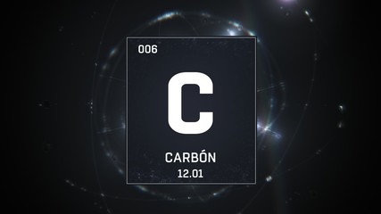 3D illustration of Carbon as Element 6 of the Periodic Table. Silver illuminated atom design...