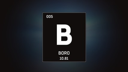 3D illustration of Boron as Element 5 of the Periodic Table. Grey illuminated atom design background with orbiting electrons. Name, atomic weight, element number in Spanish language