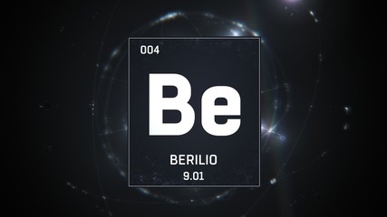 3D illustration of Beryllium as Element 4 of the Periodic Table. Silver illuminated atom design background with orbiting electrons. Name, atomic weight, element number in Spanish language
