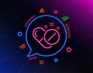 Medical pills line icon. Neon laser lights. Medicine drugs sign. Tablets symbol. Glow laser speech bubble. Neon lights chat bubble. Banner badge with medical pills icon. Vector