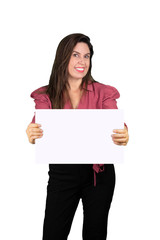 Woman with blank board. Smiling and with joy. Supermarket promotion.