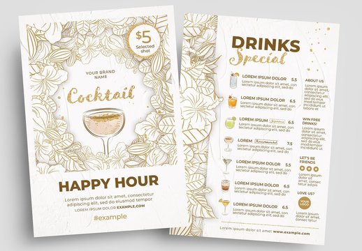Cocktail Bar Menu Flyer Layout with Minimalist Floral Illustrations