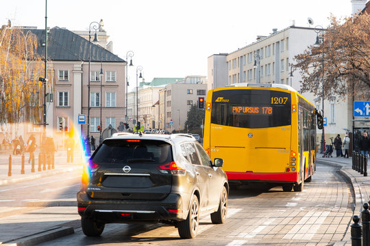 Warsaw, 6 December 2019, Public transport, bus in Warsaw, Poland. The concept of proper public transport in the Polish capital, passenger service, assistance in getting home, work in Warsaw.