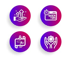 Fototapeta premium Quick tips, Analysis graph and Journey path icons simple set. Halftone dots button. Employee hand sign. Helpful tricks, Targeting chart, Project process. Work gear. Business set. Vector