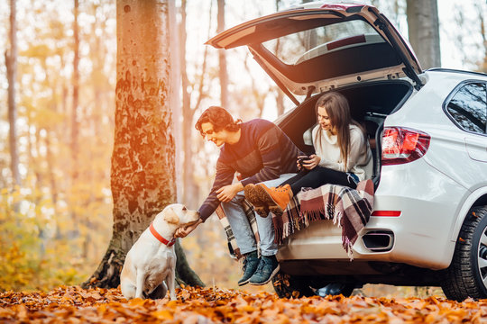 Young couple have a picnic with their dog near automobile in the autumn light forest.