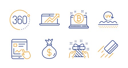 360 degrees, Sales diagram and Uv protection line icons set. Internet report, Money bag and Gift signs. Bitcoin, Credit card symbols. Full rotation, Sale growth chart. Business set. Vector