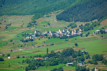 Fototapeta na wymiar Beautiful view from Svaneti, castles in old village. Mulakhi, Georgia.
