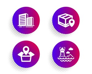 Parcel tracking, Package location and Buildings icons simple set. Halftone dots button. Lighthouse sign. Package location pin, Delivery tracking, City architecture. Navigation beacon. Vector