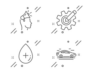 Cogwheel, Oil serum and Brand ambassador line icons set. Car sign. Edit settings, Cosmetic care, Megaphone. Transport. Technology set. Line cogwheel outline icon. Vector