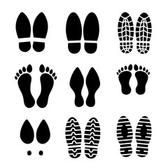 Walking footprints and steps of human shoes and feet black icon on white like elements for design, stock vector illustration