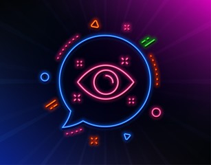 Health eye line icon. Neon laser lights. Oculist clinic sign. Optometry vision symbol. Glow laser speech bubble. Neon lights chat bubble. Banner badge with health eye icon. Vector