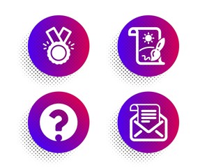 Creative painting, Honor and Question mark icons simple set. Halftone dots button. Mail newsletter sign. Graphic art, Medal, Ask support. Open e-mail. Education set. Vector