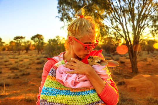 Tourist woman holding and kissing kangaroo joey at sunset light in Australian Outback, Red Center, Northern Territory