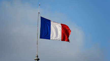 Flag of France waiving against sky on windy day